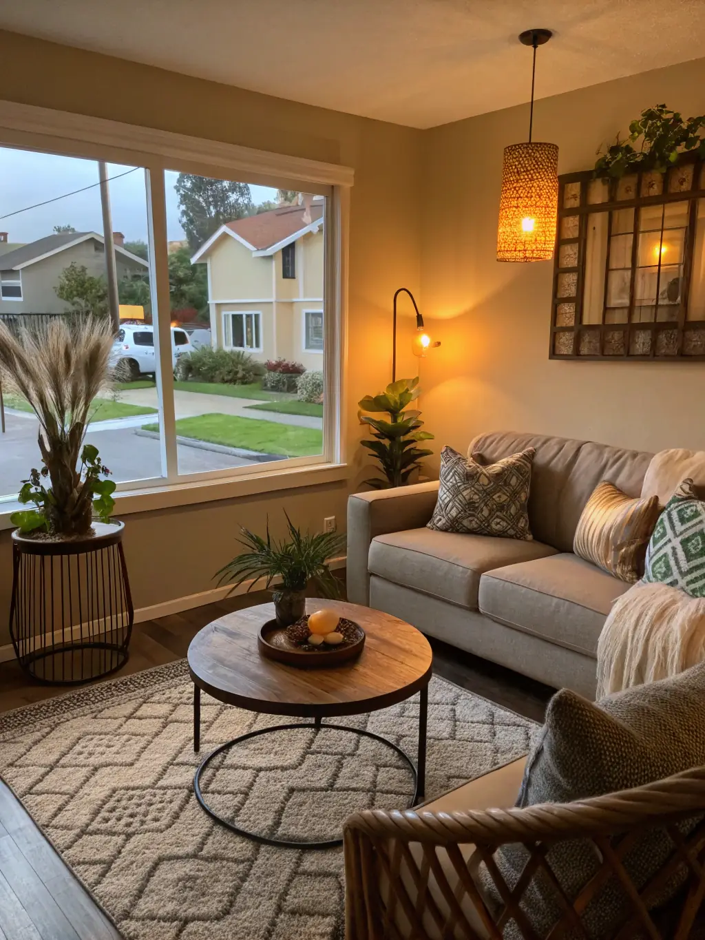 A brightly lit, professionally staged living room in a short-term rental property, showcasing its appeal to potential guests.