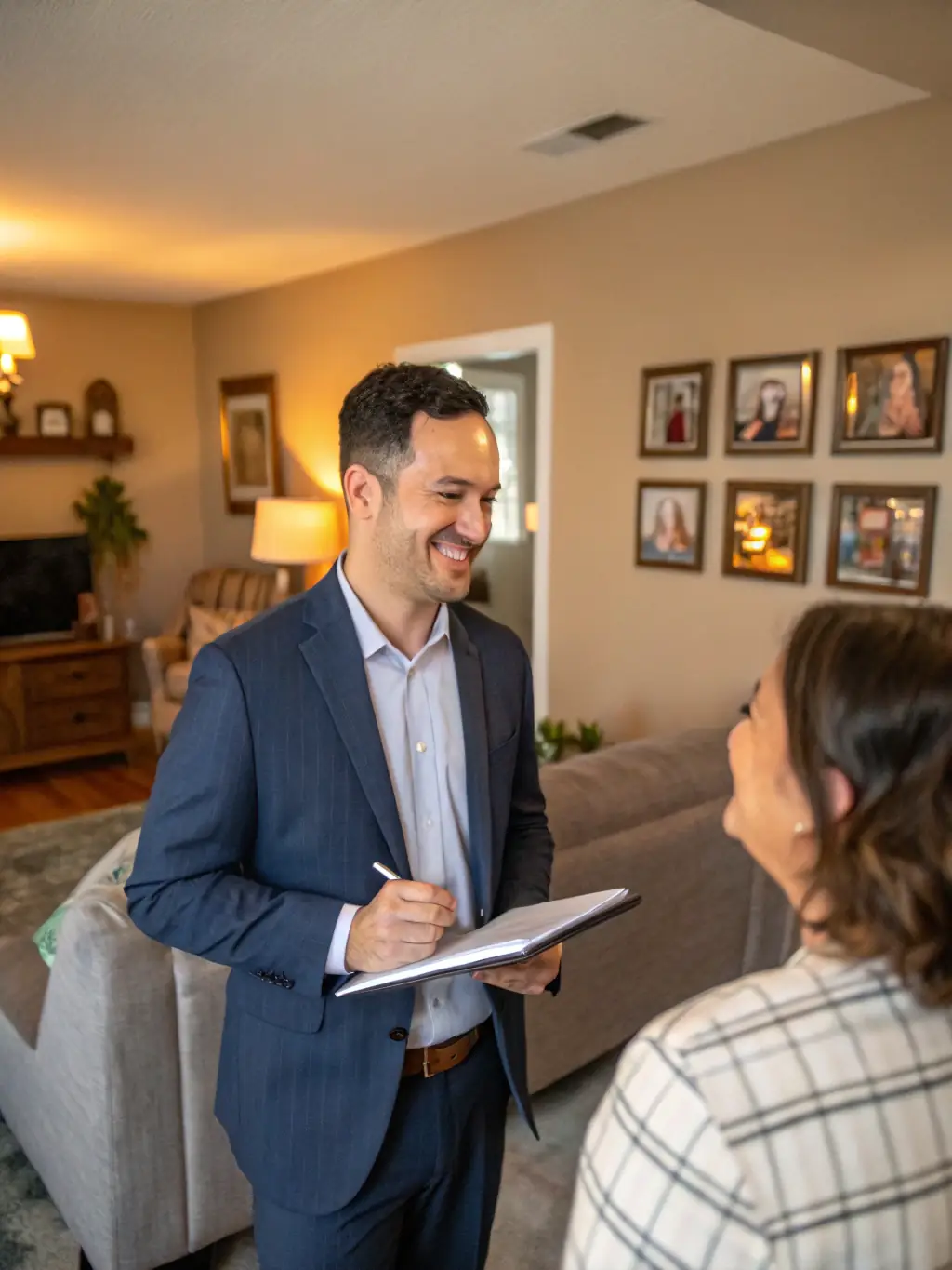 A property owner smiling and relaxed while looking at their phone, symbolizing the peace of mind from professional property management.