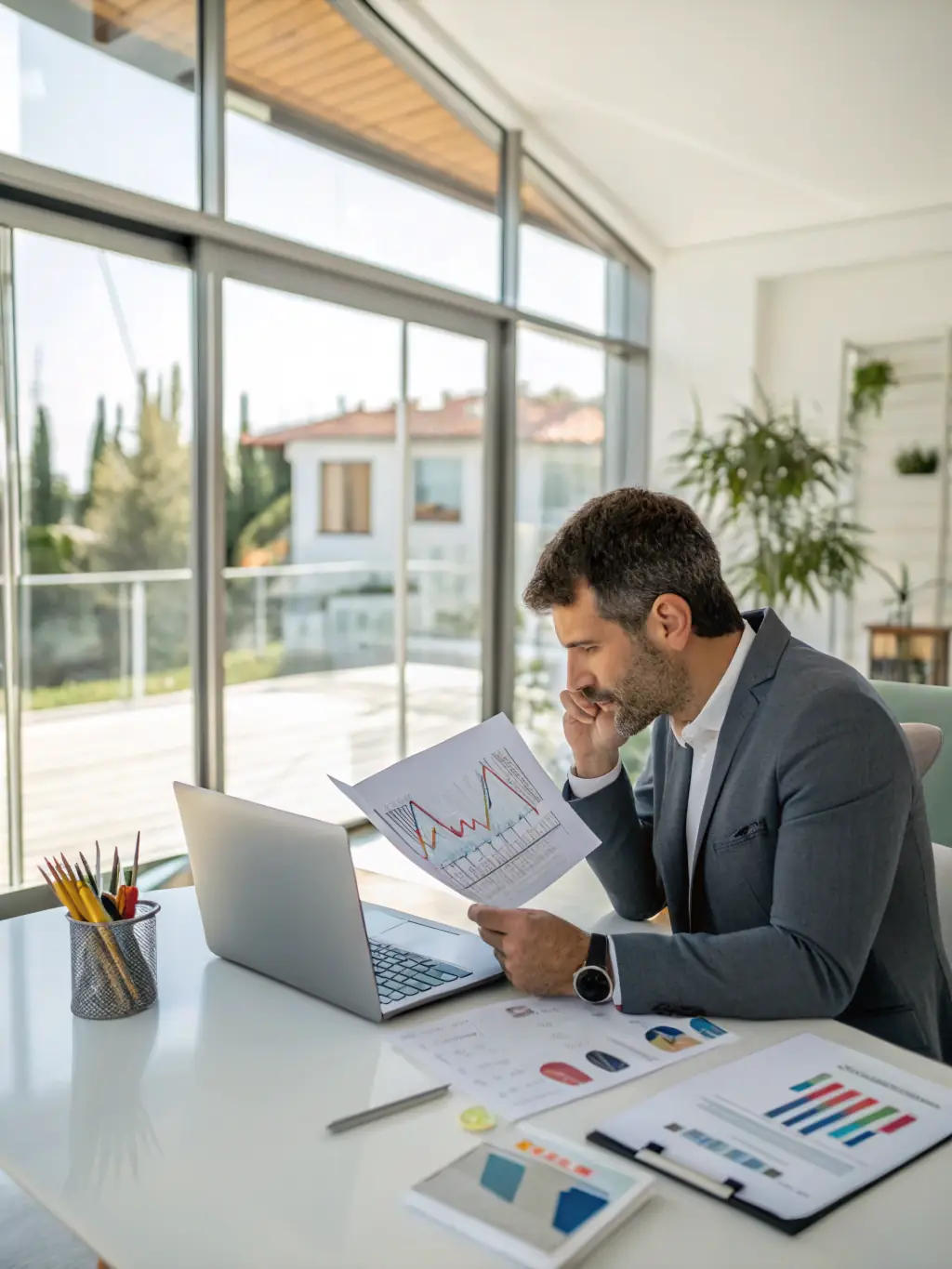 A clean, well-organized image depicting a property manager reviewing financial reports on a tablet, with a modern, stylish rental property visible in the background, symbolizing full-service property management.