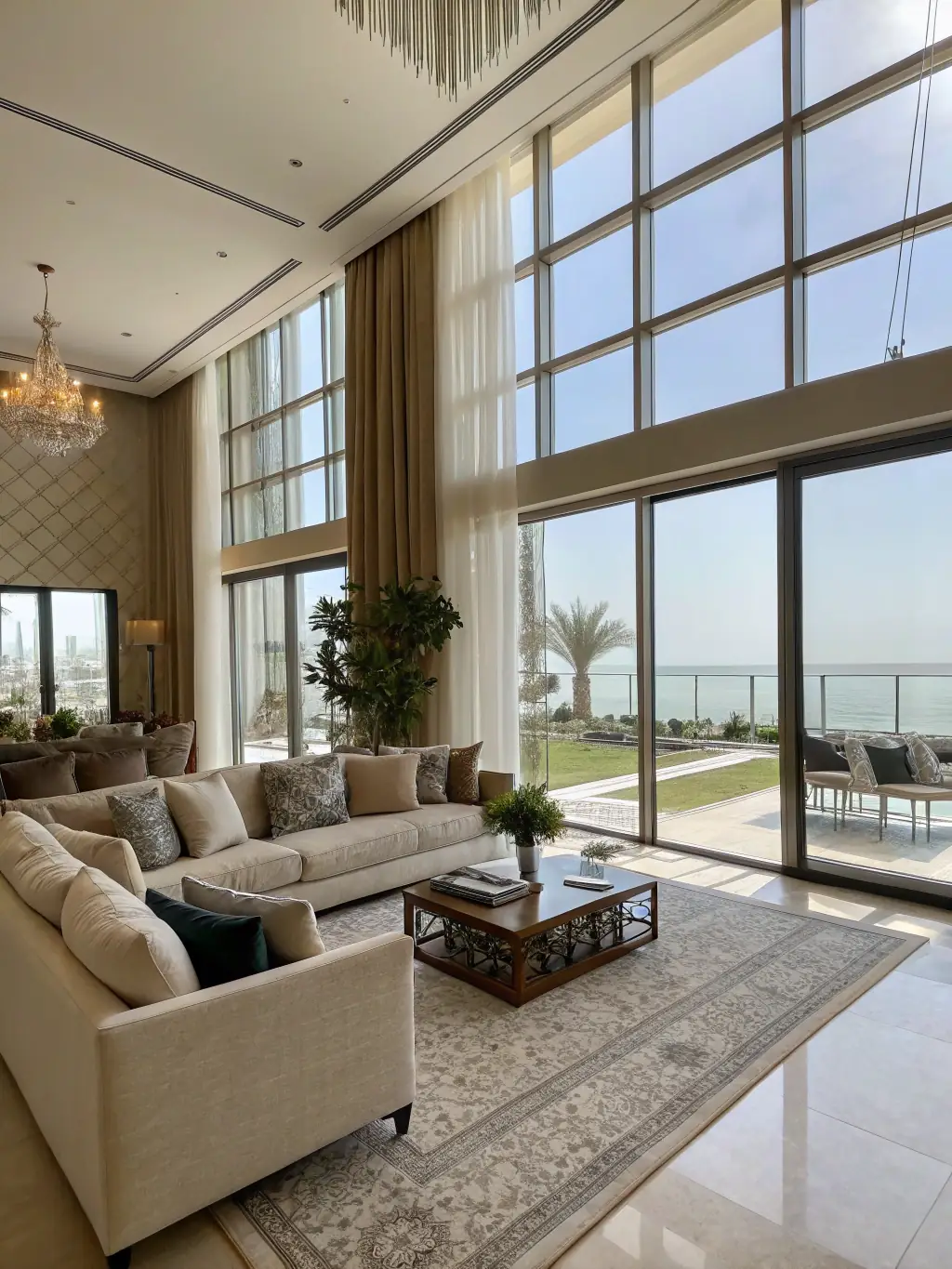 A professionally staged photo of a modern living room in a short-term rental property, highlighting its appeal to potential guests. The room is bright, clean, and inviting, with stylish furniture and decor.