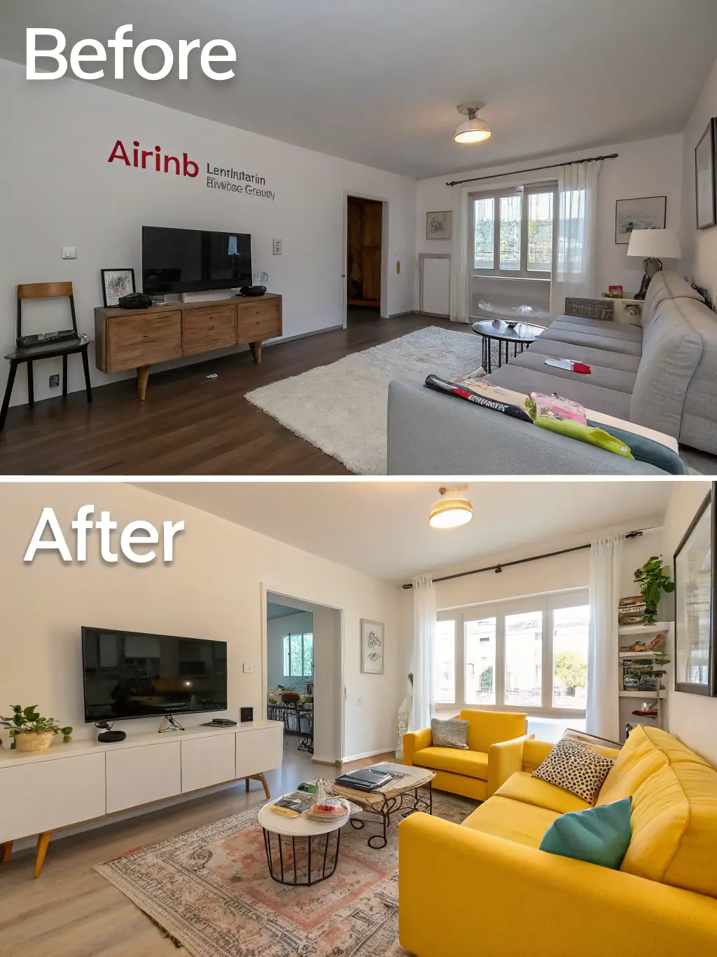 A before-and-after photo showcasing the transformation of a short-term rental property after professional maintenance and housekeeping services, highlighting the improved cleanliness and appeal.